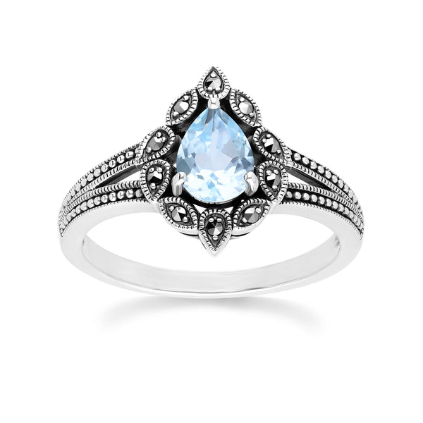gemondo Art Deco Style Pear Blue Topaz & Marcasite Ring in Sterling Silver