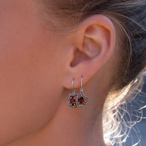 Gemondo Art Deco Style Pear Garnet & Marcasite Drop Earrings In Sterling Silver
