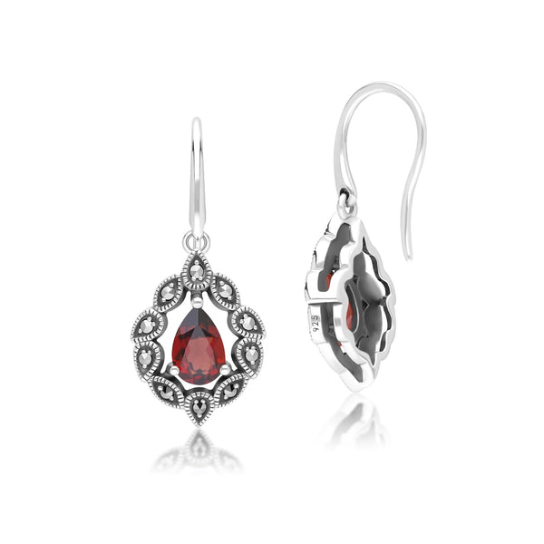 Gemondo Art Deco Style Pear Garnet & Marcasite Drop Earrings In Sterling Silver