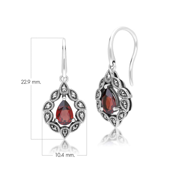 Gemondo Art Deco Style Pear Garnet & Marcasite Drop Earrings In Sterling Silver