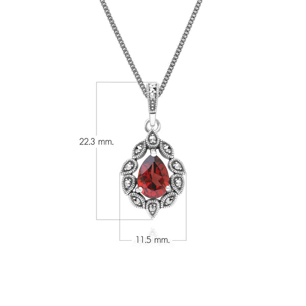 Gemondo Art Deco Style Pear Garnet & Marcasite Pendant Necklace In Sterling Silver