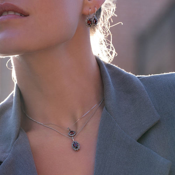 Gemondo Art Deco Style Pear Garnet & Marcasite Pendant Necklace In Sterling Silver