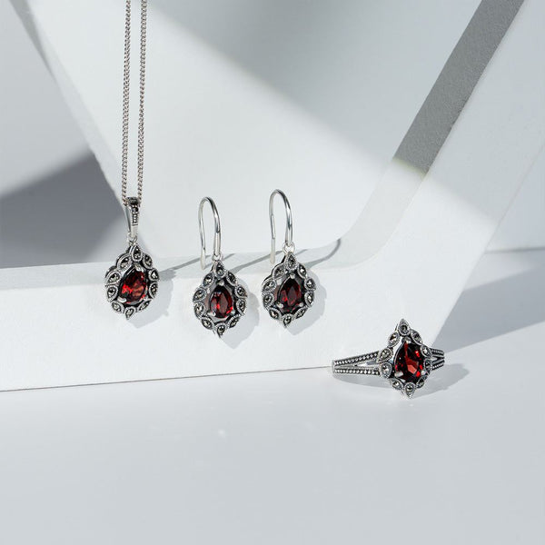 Gemondo Art Deco Style Pear Garnet & Marcasite Pendant Necklace In Sterling Silver