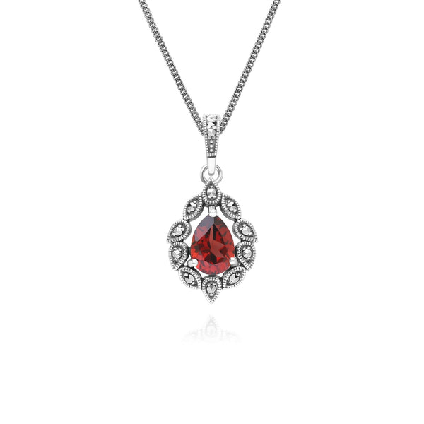 gemondo Art Deco Style Pear Garnet & Marcasite Pendant Necklace in Sterling Silver