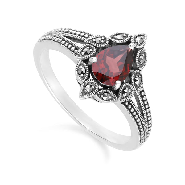 Gemondo Art Deco Style Pear Garnet & Marcasite Ring In Sterling Silver