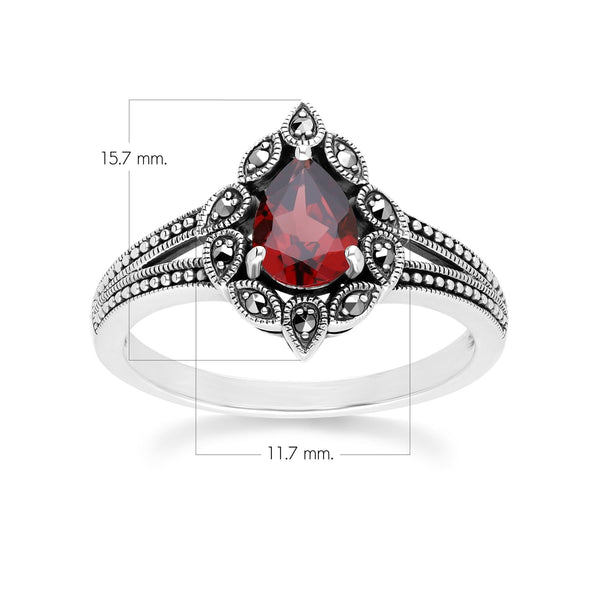 Gemondo Art Deco Style Pear Garnet & Marcasite Ring In Sterling Silver