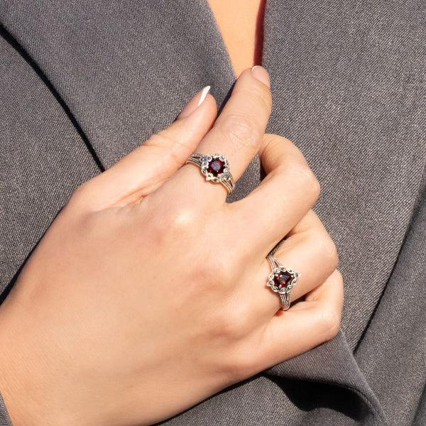 Gemondo Art Deco Style Pear Garnet & Marcasite Ring In Sterling Silver