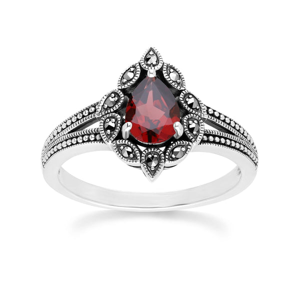 gemondo Art Deco Style Pear Garnet & Marcasite Ring in Sterling Silver