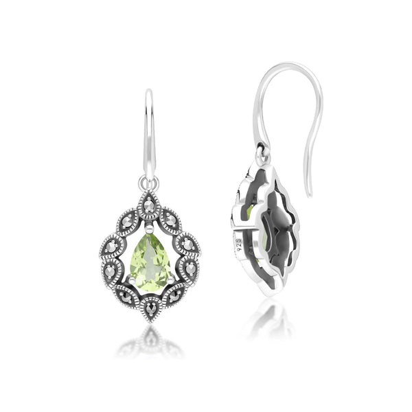 Gemondo Art Deco Style Pear Peridot & Marcasite Drop Earrings In Sterling Silver