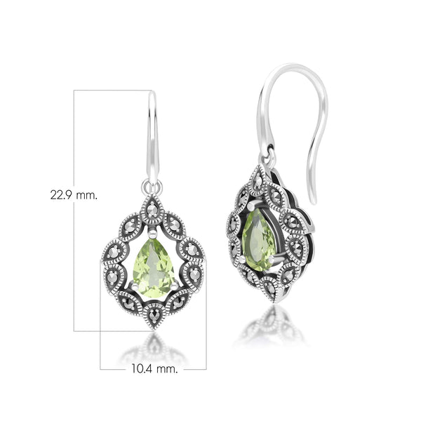 Gemondo Art Deco Style Pear Peridot & Marcasite Drop Earrings In Sterling Silver