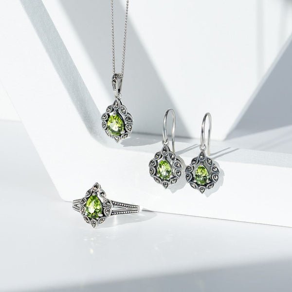 Gemondo Art Deco Style Pear Peridot & Marcasite Pendant Necklace In Sterling Silver