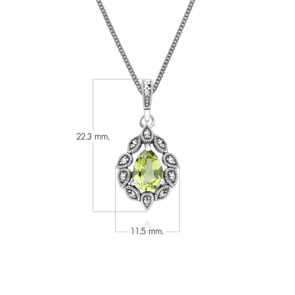 Gemondo Art Deco Style Pear Peridot & Marcasite Pendant Necklace In Sterling Silver