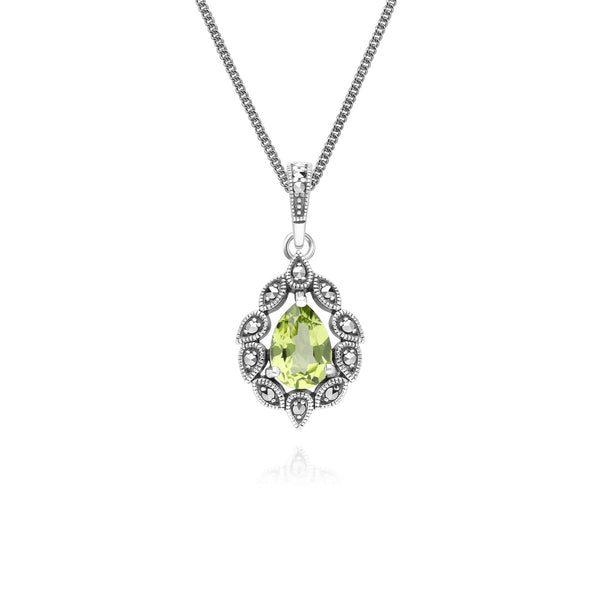 gemondo Art Deco Style Pear Peridot & Marcasite Pendant Necklace in Sterling Silver