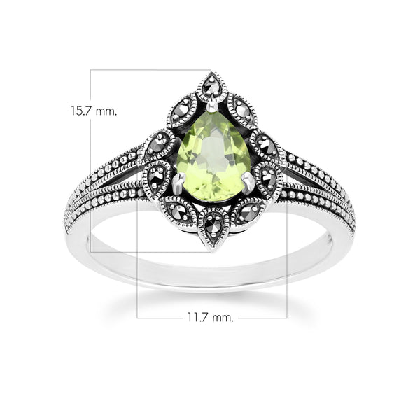 Gemondo Art Deco Style Pear Peridot & Marcasite Ring In Sterling Silver