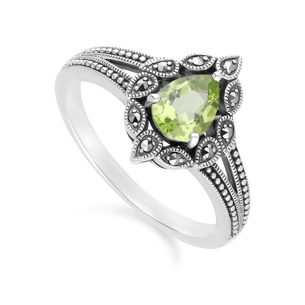 Gemondo Art Deco Style Pear Peridot & Marcasite Ring In Sterling Silver