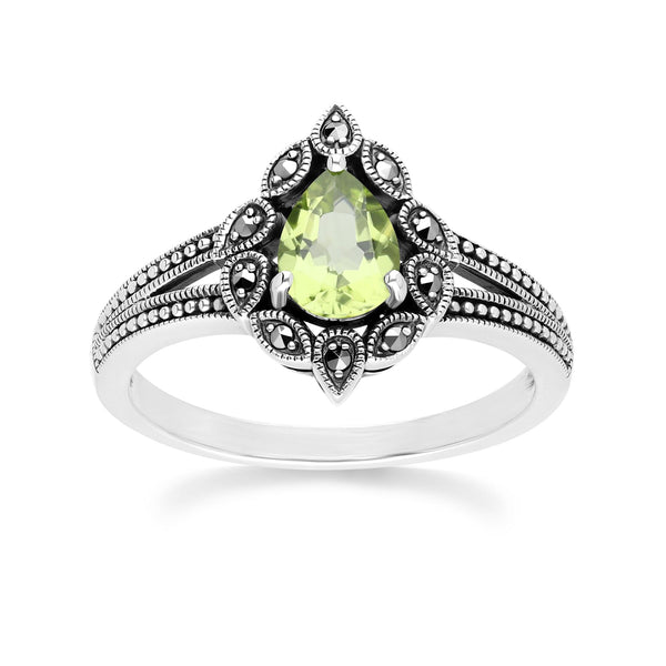 gemondo Art Deco Style Pear Peridot & Marcasite Ring in Sterling Silver