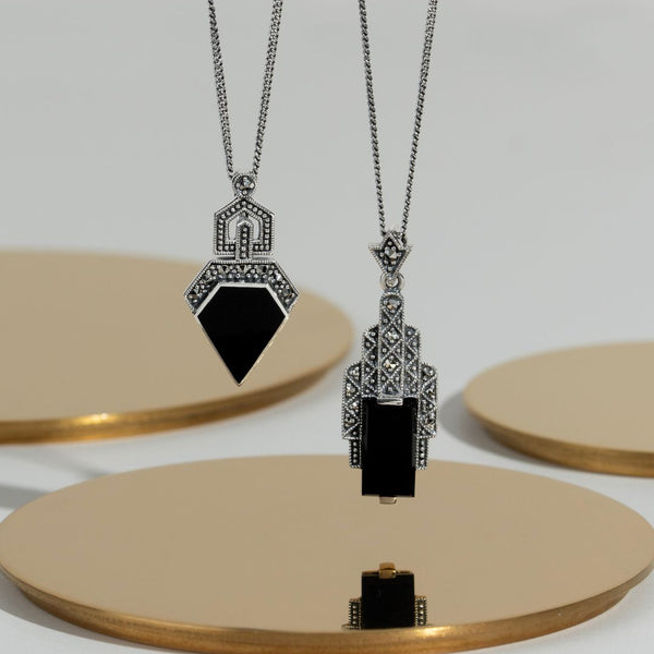 Gemondo Art Deco Style Rectangle Black Onyx Cabochon & Marcasite Necklace In Sterling Silver