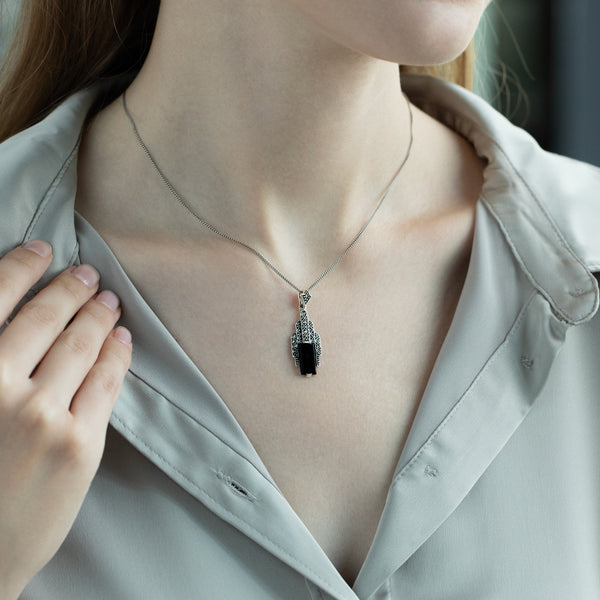 Gemondo Art Deco Style Rectangle Black Onyx Cabochon & Marcasite Necklace In Sterling Silver