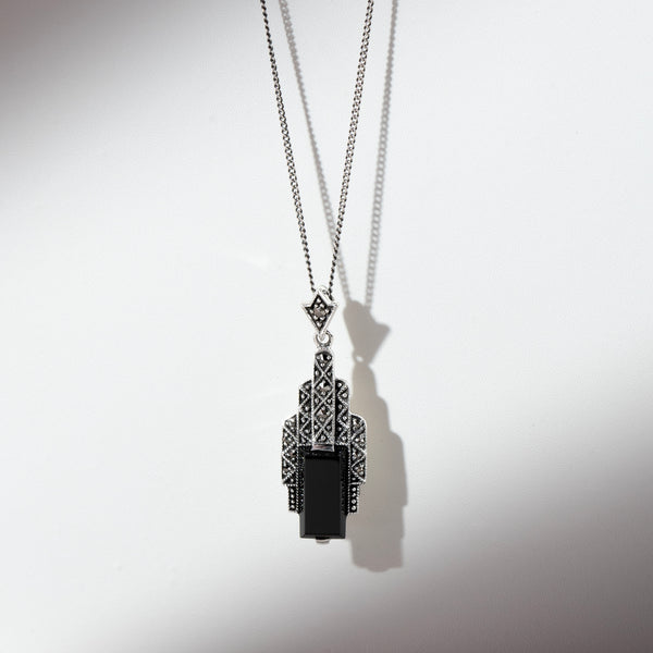 Gemondo Art Deco Style Rectangle Black Onyx Cabochon & Marcasite Necklace In Sterling Silver