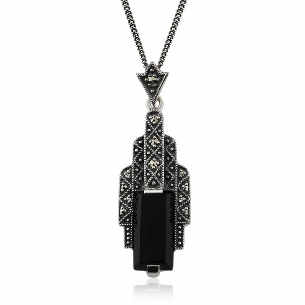gemondo Art Deco Style Rectangle Black Onyx Cabochon & Marcasite Necklace In Sterling Silver