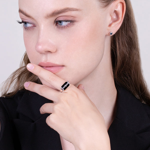 Gemondo Art Deco Style Rectangle Black Onyx & Marcasite Bar Ring In 925 Sterling Silver