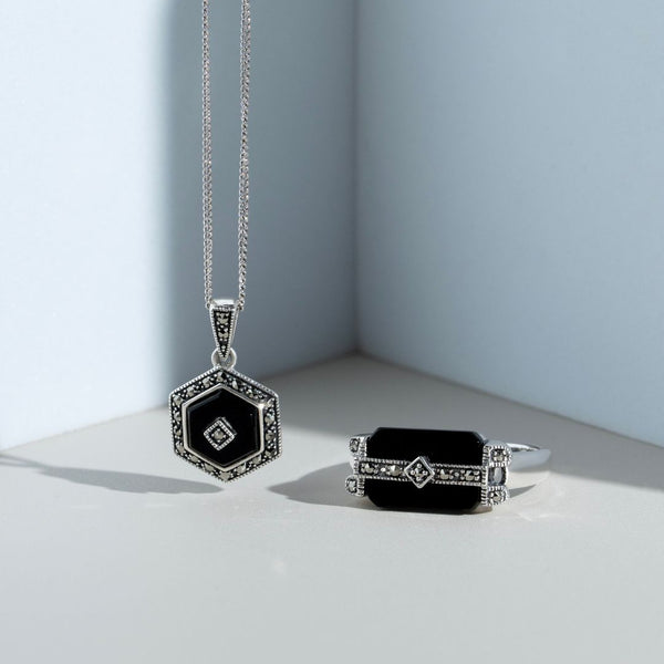 Gemondo Art Deco Style Rectangle Black Onyx & Marcasite Bar Ring In 925 Sterling Silver