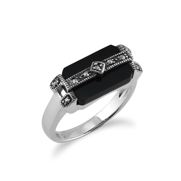 Gemondo Art Deco Style Rectangle Black Onyx & Marcasite Bar Ring In 925 Sterling Silver