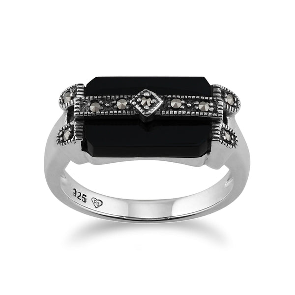 gemondo Art Deco Style Rectangle Black Onyx & Marcasite Bar Ring in 925 Sterling Silver