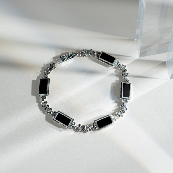 Gemondo Art Deco Style Rectangle Black Onyx & Marcasite Bracelet