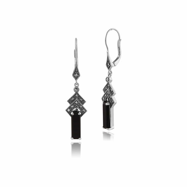 gemondo Art Deco Style Rectangle Black Onyx & Marcasite Drop Earrings in Silver
