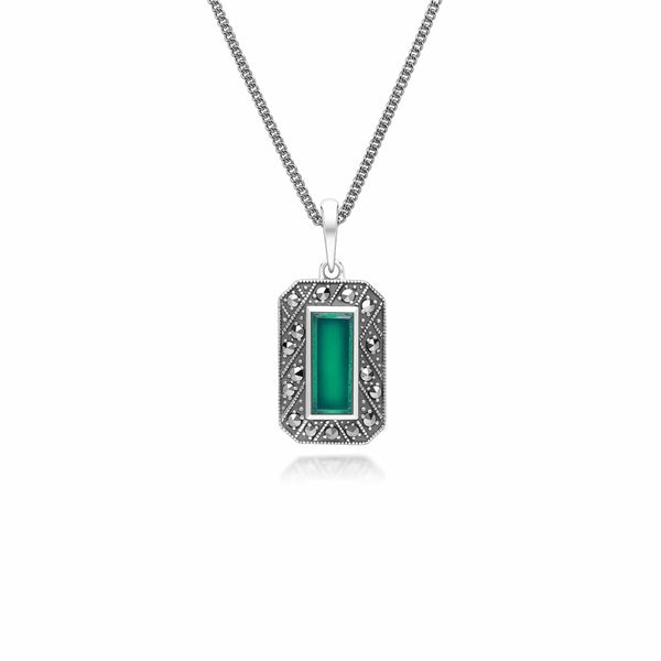 gemondo Art Deco Style Rectangle Chalcedony and Marcasite Pendant Necklace in Sterling Silver