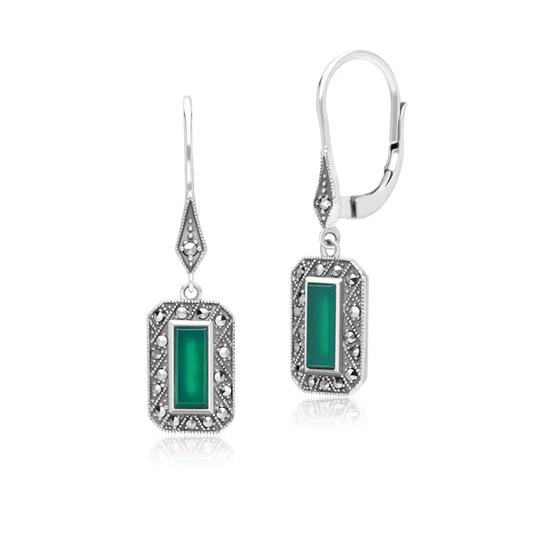 gemondo Art Deco Style Rectangle Chalcedony and Marcasite Drop Earrings in Sterling Silver