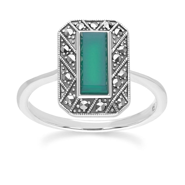 gemondo Art Deco Style Rectangle Chalcedony and Marcasite Ring in Sterling Silver
