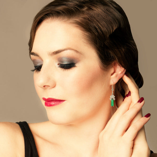 Gemondo Art Deco Style Rectangle Green Chalcedony & Marcasite Drop Earrings In Silver