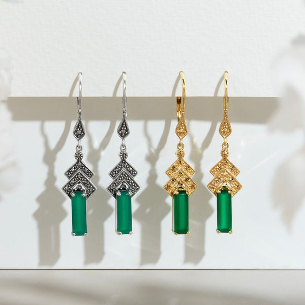 Gemondo Art Deco Style Rectangle Green Chalcedony & Marcasite Drop Earrings In Silver