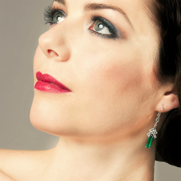 Gemondo Art Deco Style Rectangle Green Chalcedony & Marcasite Drop Earrings In Silver