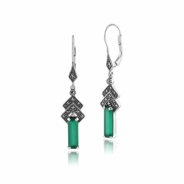 gemondo Art Deco Style Rectangle Green Chalcedony & Marcasite Drop Earrings in Silver