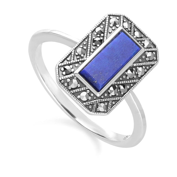 Gemondo Art Deco Style Rectangle Lapis Lazuli And Marcasite Ring In Sterling Silver