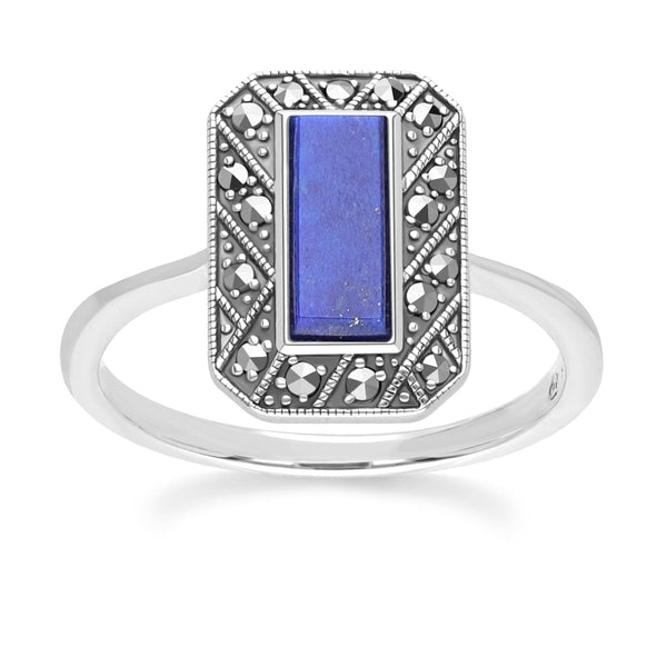 gemondo Art Deco Style Rectangle Lapis Lazuli and Marcasite Ring in Sterling Silver