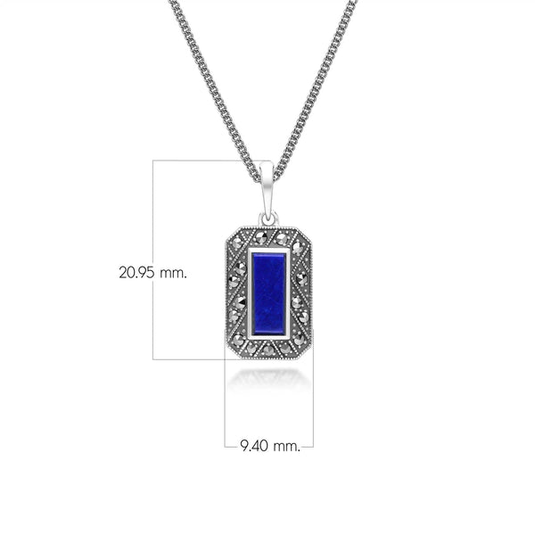 Gemondo Art Deco Style Rectangle Lapis Lazuli And Marcasite Pendant Necklace In Sterling Silver