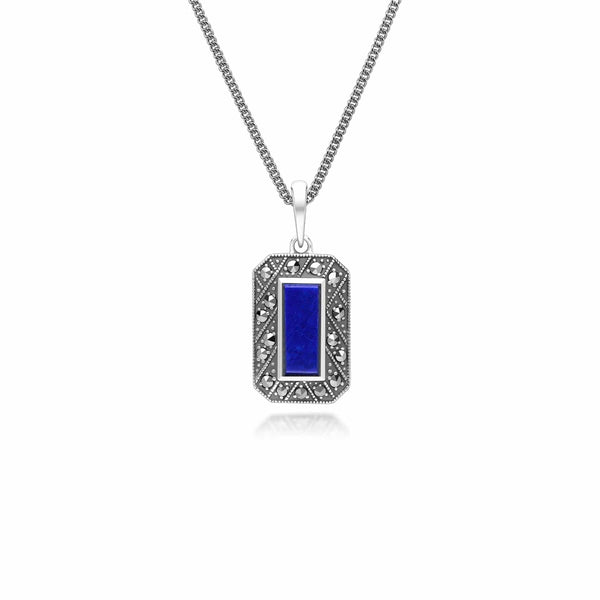 gemondo Art Deco Style Rectangle Lapis Lazuli and Marcasite Pendant Necklace in Sterling Silver