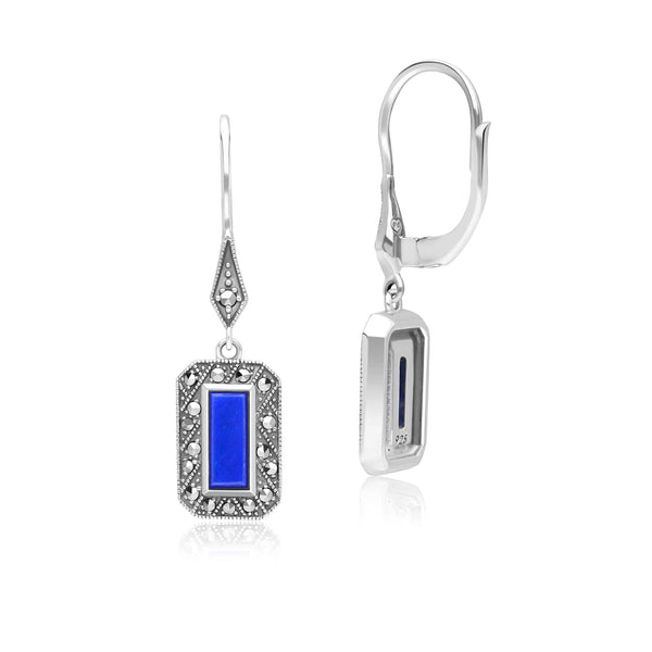 Gemondo Art Deco Style Rectangle Lapis Lazuli And Marcasite Drop Earrings In Sterling Silver
