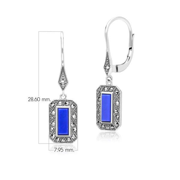 Gemondo Art Deco Style Rectangle Lapis Lazuli And Marcasite Drop Earrings In Sterling Silver