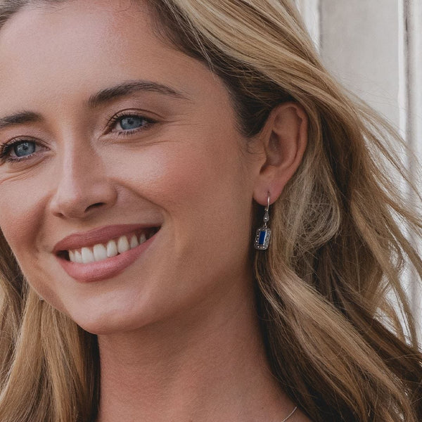 Gemondo Art Deco Style Rectangle Lapis Lazuli And Marcasite Drop Earrings In Sterling Silver