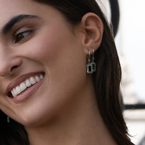 Gemondo Art Deco Style Rectangle Onyx And Marcasite Drop Earrings In Sterling Silver