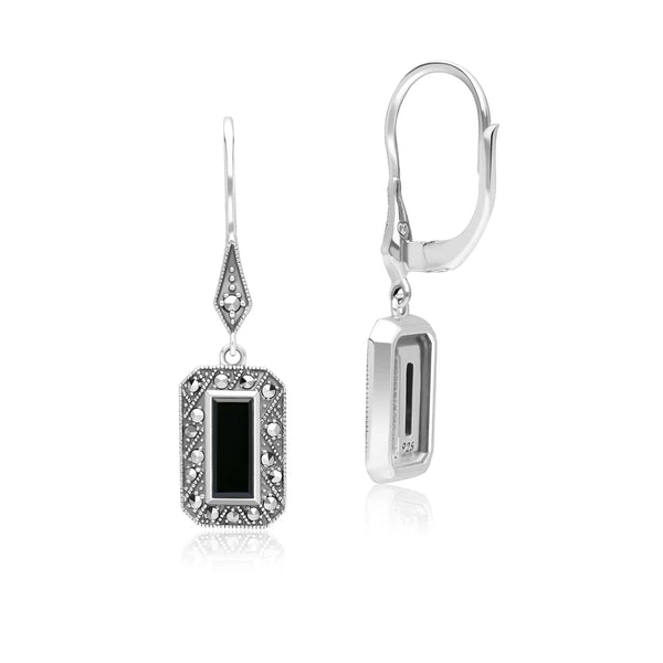 Gemondo Art Deco Style Rectangle Onyx And Marcasite Drop Earrings In Sterling Silver