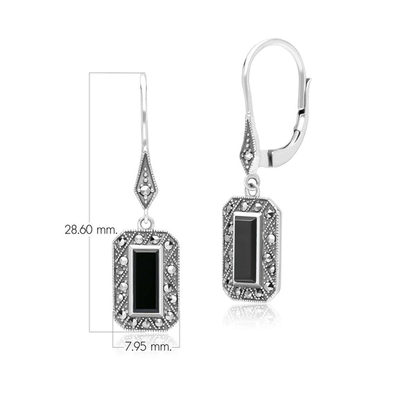 Gemondo Art Deco Style Rectangle Onyx And Marcasite Drop Earrings In Sterling Silver