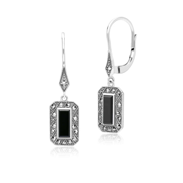 gemondo Art Deco Style Rectangle Onyx and Marcasite Drop Earrings in Sterling Silver