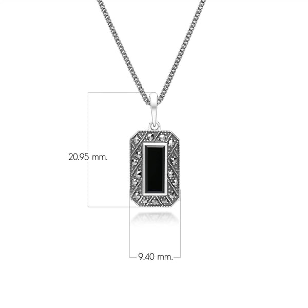 Gemondo Art Deco Style Rectangle Onyx And Marcasite Pendant Necklace In Sterling Silver