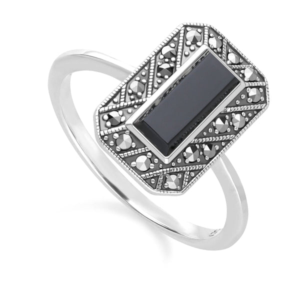 Gemondo Art Deco Style Rectangle Onyx And Marcasite Ring In Sterling Silver